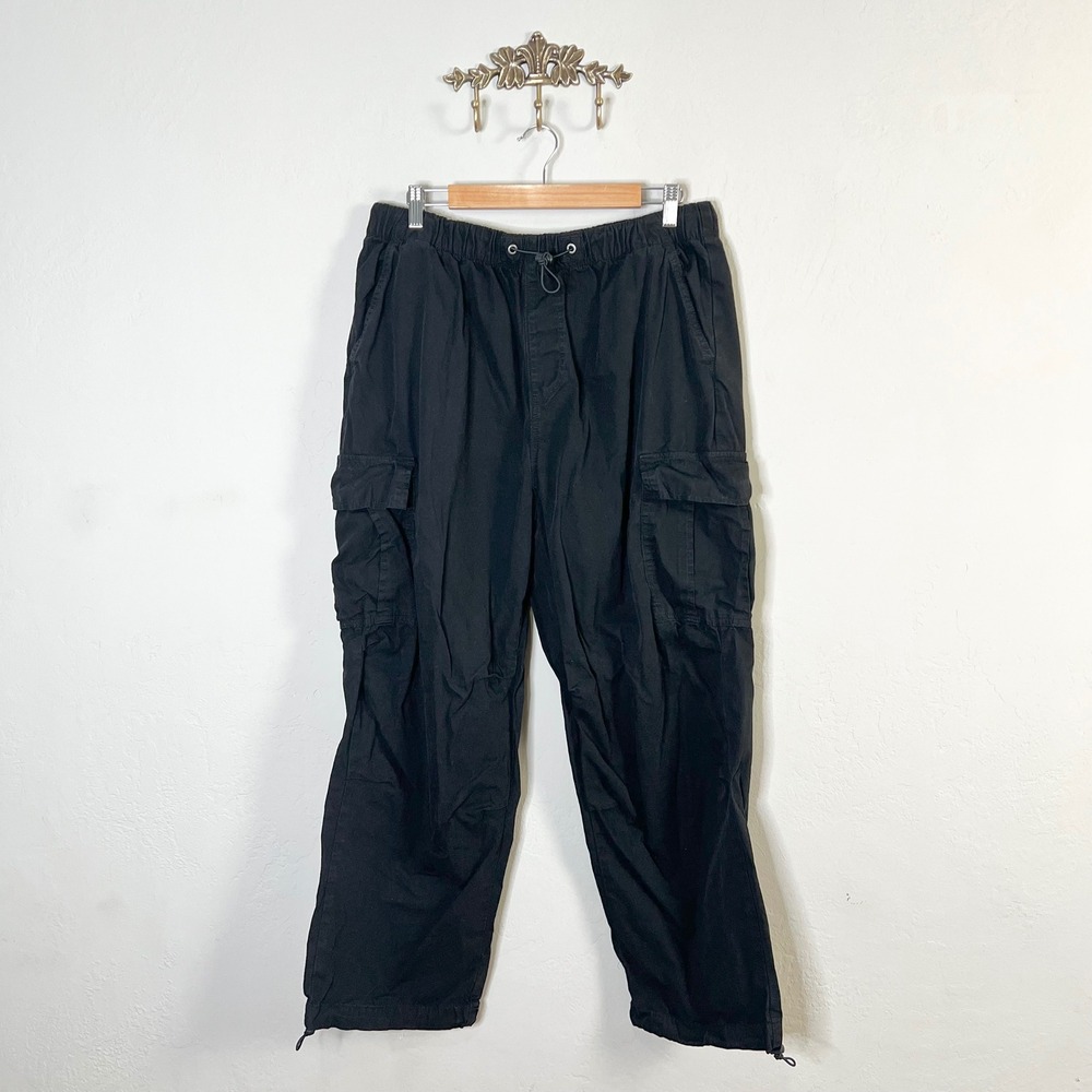 Zara Pants Cargo Size XL Black Elastic Waist Drawstring Cinch Hem Cotton